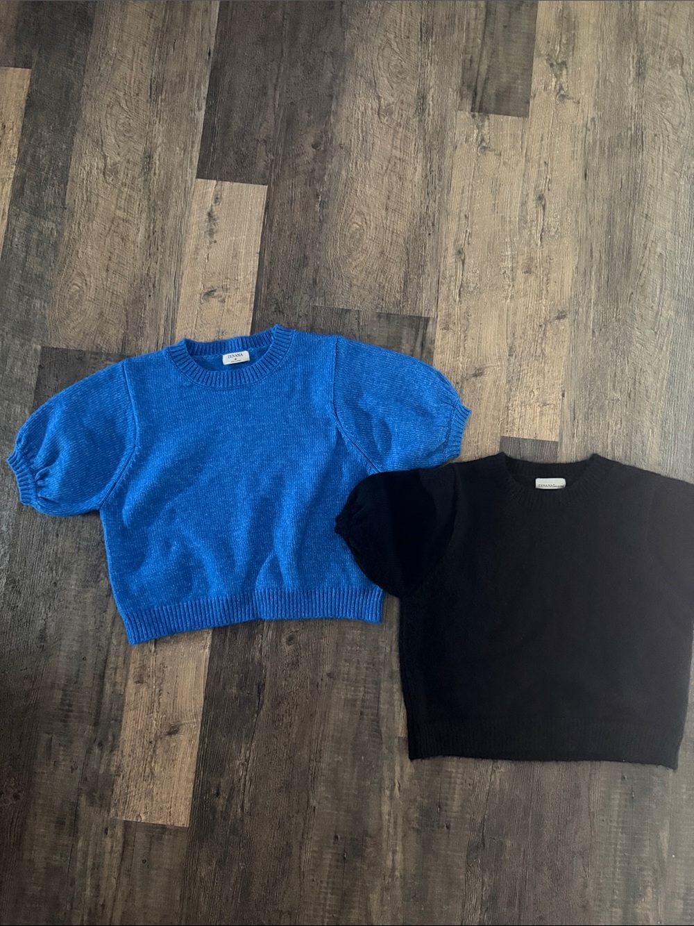 Zenana Outfitters Puff Sleeve Crew Sweater Blue & Black Sz M